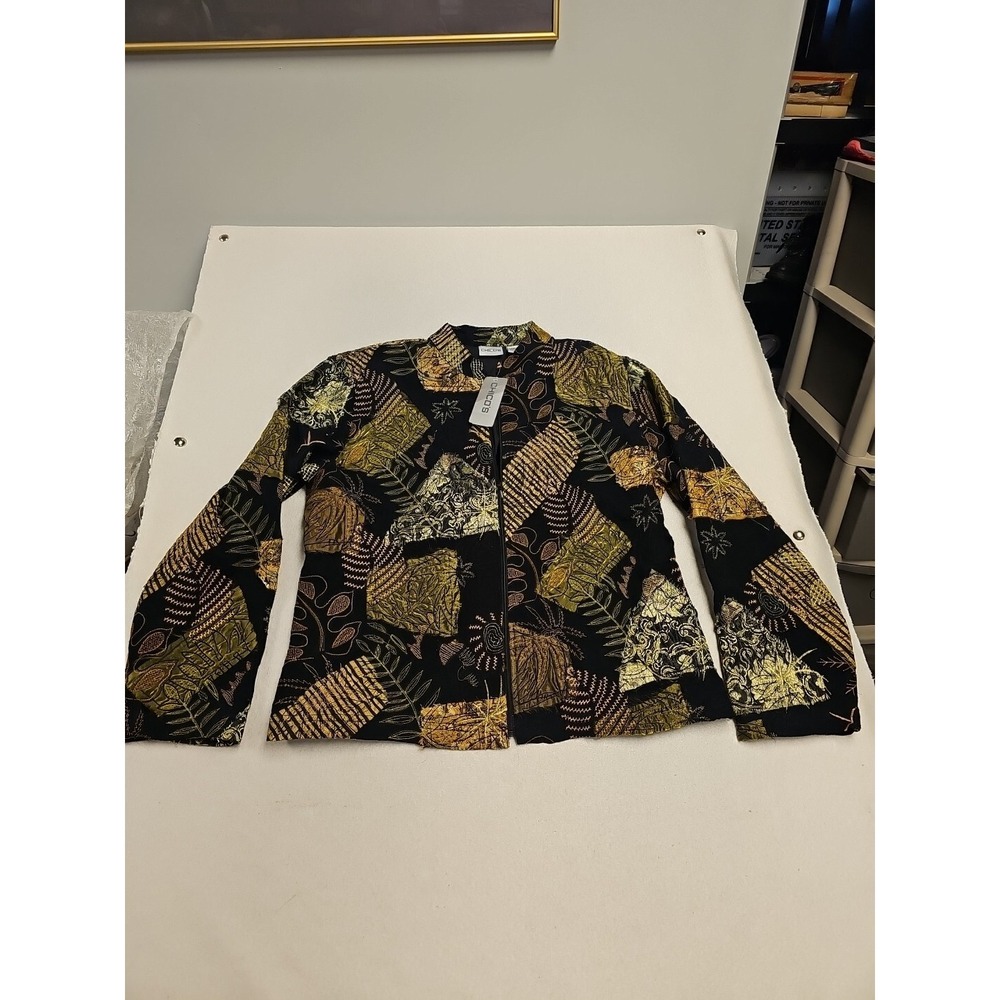 Chico's Amazon Jungle Zip Rebus Jacket Black Gold Embroidered Size 2 L Large NWT